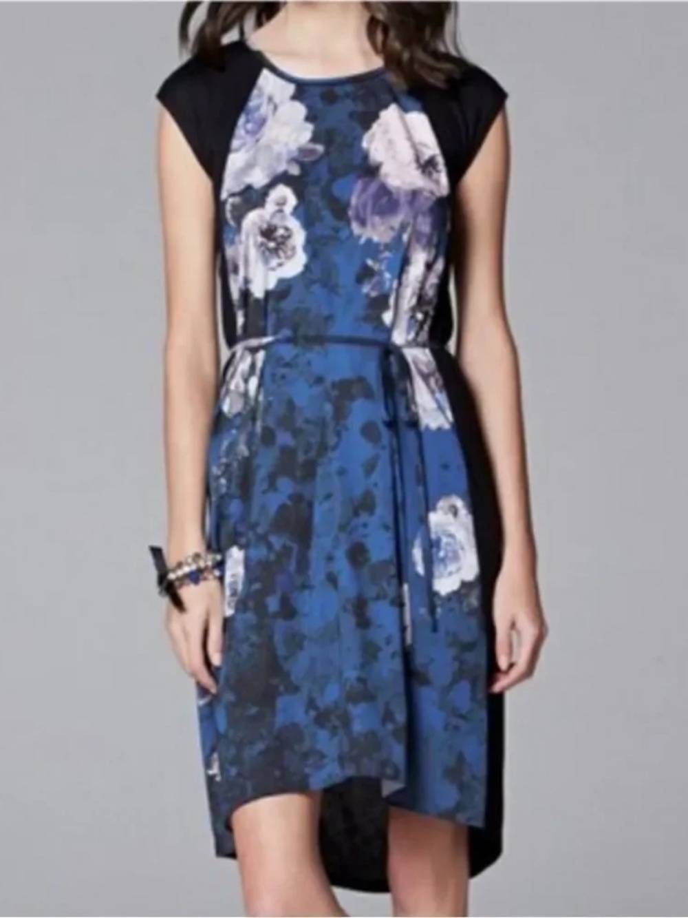 Floral High Low Midi Dress Blue Black Belted Sleeveless XS Simply Vera Wang